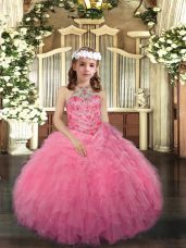 Excellent Floor Length Ball Gowns Sleeveless Pink Evening Gowns Lace Up
