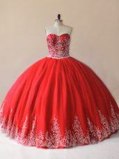 Latest Red Ball Gowns Sweetheart Sleeveless Tulle Floor Length Lace Up Embroidery Ball Gown Prom Dress