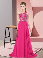 Flare Hot Pink Chiffon Side Zipper One Shoulder Sleeveless Floor Length Evening Dress Beading