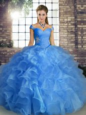 Fashionable Blue Lace Up Sweet 16 Dress Beading and Ruffles Sleeveless Floor Length