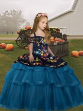 Tulle Straps Sleeveless Lace Up Embroidery and Ruffled Layers Little Girl Pageant Dress in Teal