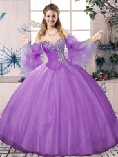 Floor Length Lavender Quinceanera Dresses Tulle Long Sleeves Beading