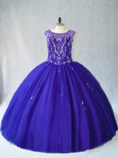 Deluxe Sleeveless Floor Length Beading Lace Up 15th Birthday Dress with Royal Blue