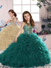 Turquoise Sleeveless Organza Lace Up Child Pageant Dress for Party and Wedding Party