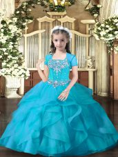 Floor Length Ball Gowns Sleeveless Aqua Blue Pageant Gowns For Girls Lace Up