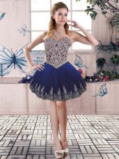 Royal Blue Sleeveless Mini Length Beading and Embroidery Lace Up Cocktail Dresses