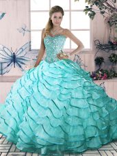 New Arrival Sleeveless Brush Train Lace Up Beading and Ruffled Layers Sweet 16 Quinceanera Dress