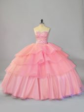 Sweetheart Sleeveless Organza 15th Birthday Dress Beading and Ruffles Brush Train Lace Up