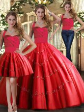 Inexpensive Floor Length Red Quinceanera Dresses Tulle Sleeveless Appliques
