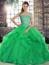 Charming Off The Shoulder Sleeveless Tulle Sweet 16 Quinceanera Dress Beading and Ruffles Brush Train Lace Up
