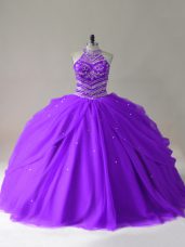 Custom Fit Purple Lace Up Halter Top Beading Quince Ball Gowns Tulle Sleeveless