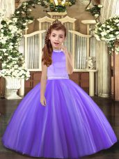 Enchanting Lavender Backless Halter Top Beading Pageant Dress for Girls Tulle Sleeveless