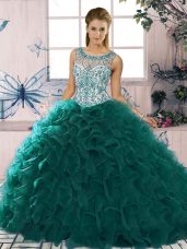 Super Peacock Green Lace Up Scoop Beading and Ruffles Quinceanera Dress Organza Sleeveless
