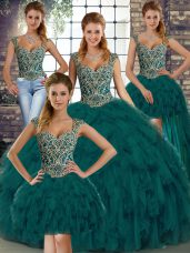 Peacock Green Straps Lace Up Beading and Ruffles Quinceanera Dress Sleeveless