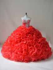Modern Sweetheart Sleeveless Ball Gown Prom Dress Court Train Beading and Ruffles Red Fabric With Rolling Flowers