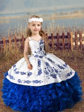 Fantastic Sleeveless Organza Floor Length Lace Up Girls Pageant Dresses in Royal Blue with Embroidery and Ruffles