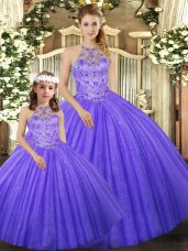 Hot Selling Lavender Ball Gowns Tulle Halter Top Sleeveless Beading Floor Length Lace Up Vestidos de Quinceanera