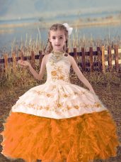 Orange Red Sleeveless Floor Length Beading and Embroidery and Ruffles Lace Up Child Pageant Dress