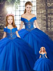 Graceful Royal Blue Lace Up Ball Gown Prom Dress Beading and Pick Ups Sleeveless Brush Train