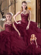 Chic Burgundy Scoop Neckline Beading and Ruffles Sweet 16 Dresses Sleeveless Lace Up