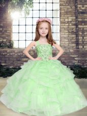 Tulle Straps Sleeveless Lace Up Beading and Ruffles Evening Gowns in Apple Green