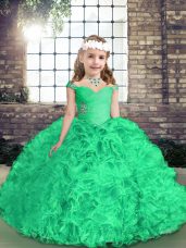 Sleeveless Fabric With Rolling Flowers Floor Length Side Zipper Kids Pageant Dress in Green with Beading and Ruffles