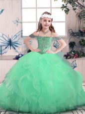 Trendy Apple Green Tulle Lace Up Kids Formal Wear Sleeveless Floor Length Beading and Ruffles