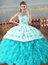 Flirting Sleeveless Organza Court Train Lace Up Quinceanera Gowns in Aqua Blue with Embroidery and Ruffles