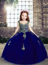 Tulle Straps Sleeveless Lace Up Appliques Little Girl Pageant Dress in Royal Blue