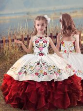 Attractive White And Red Lace Up Little Girls Pageant Gowns Embroidery and Ruffles Sleeveless Floor Length