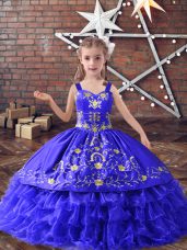 Blue Ball Gowns Embroidery and Ruffled Layers High School Pageant Dress Lace Up Satin and Organza Sleeveless Floor Length