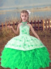 Inexpensive Halter Top Sleeveless Lace Up High School Pageant Dress Green Organza