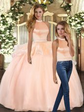 Simple Peach Halter Top Neckline Beading Quinceanera Gown Sleeveless Backless