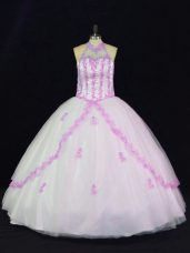 White Lace Up Quinceanera Dresses Appliques Sleeveless Floor Length
