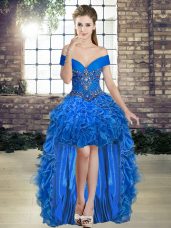 High Low Royal Blue Hoco Dress Off The Shoulder Sleeveless Lace Up