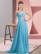 Aqua Blue Chiffon Lace Up Teens Party Dress Sleeveless Floor Length Beading