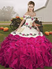 Embroidery and Ruffles 15 Quinceanera Dress Fuchsia Lace Up Sleeveless Floor Length