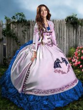 Sleeveless Satin Floor Length Lace Up Quinceanera Dresses in Blue And White with Embroidery and Ruffles