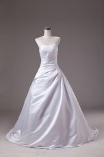 Sexy Strapless Sleeveless Wedding Dress Brush Train Beading White Taffeta