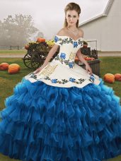 Off The Shoulder Sleeveless Quinceanera Dress Floor Length Embroidery and Ruffled Layers Blue And White Organza