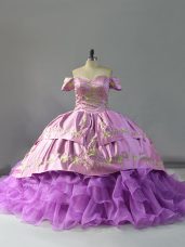 Lavender Sleeveless Organza Chapel Train Lace Up Quinceanera Dress for Sweet 16 and Quinceanera