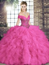 Latest Hot Pink Tulle Lace Up 15th Birthday Dress Sleeveless Floor Length Beading and Ruffles