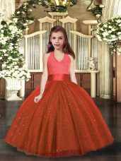 Rust Red Tulle Lace Up Little Girls Pageant Gowns Sleeveless Floor Length Ruching