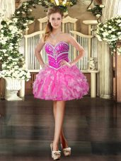 Hot Pink Sleeveless Mini Length Beading and Ruffles Lace Up Prom Evening Gown