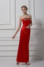 Ankle Length Red Prom Gown Satin Sleeveless Beading and Appliques