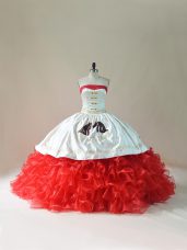 Strapless Sleeveless Sweet 16 Dresses Floor Length Brush Train Embroidery and Ruffles White And Red Satin and Organza
