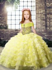 Dazzling Yellow Sleeveless Brush Train Beading and Ruffled Layers Little Girls Pageant Gowns