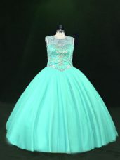 Glittering Turquoise Lace Up Scoop Beading Ball Gown Prom Dress Tulle Sleeveless