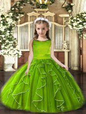 Olive Green Tulle Lace Up Scoop Sleeveless Floor Length Little Girls Pageant Gowns Ruffles