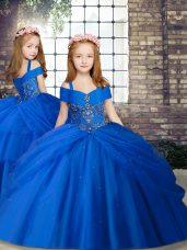 Sleeveless Chiffon Floor Length Lace Up Kids Pageant Dress in Royal Blue with Beading